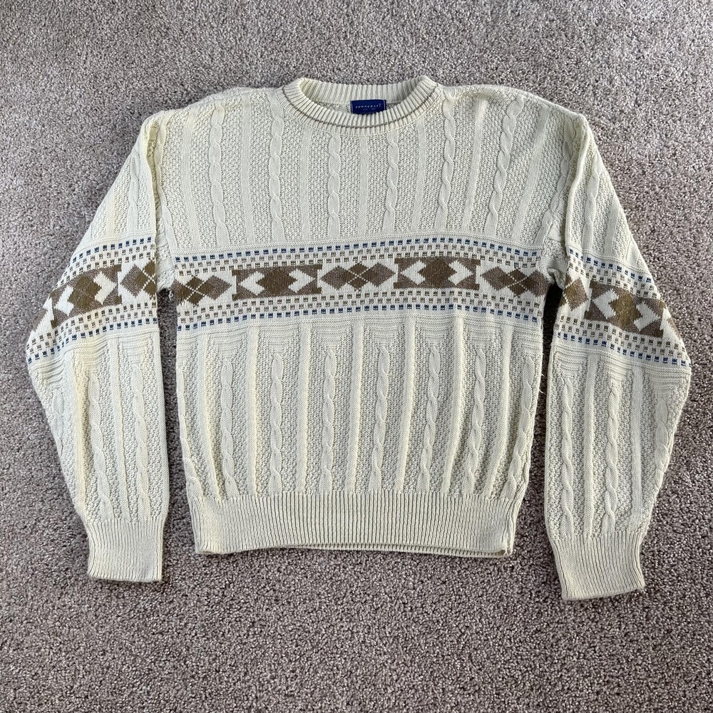Vintage TownCraft Sweater Mens Large White Geometric Knit Crewneck Pullover USA